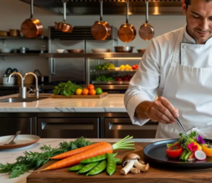 Séf és konyhai csapat fine dining fogásokat készít