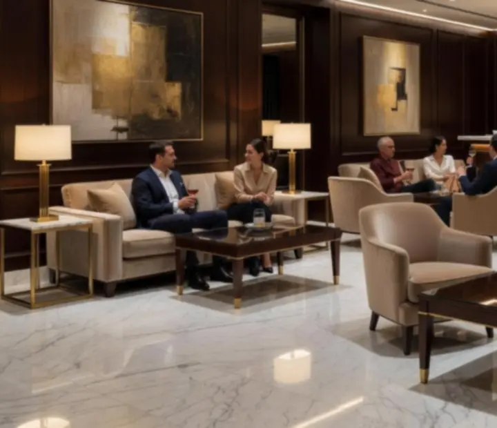 Stílusos, társasági váróterem márvány felületekkel és lounge hangulattal