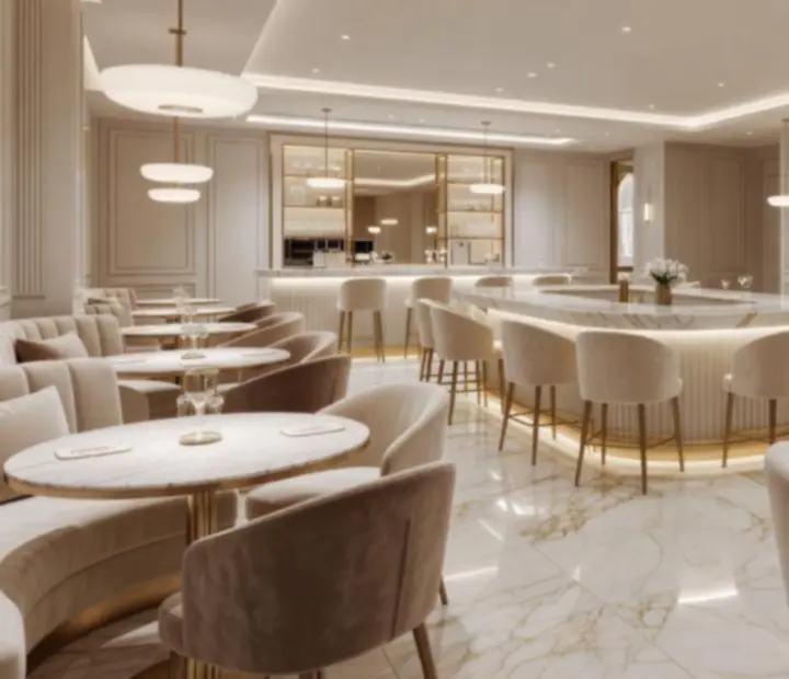 Elegáns casino lounge stílusú enteriőr márvány felületekkel és champagne árnyalatokkal