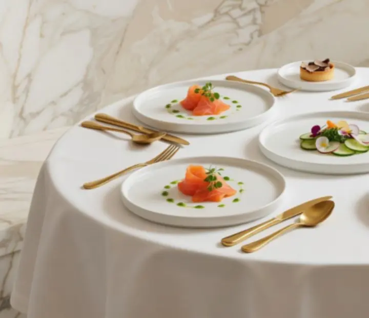 Elegánsan tálalt fine dining előétel az asztalon