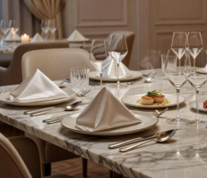 Elegánsan megterített fine dining asztal kristálypoharakkal és gyertyafénnyel.