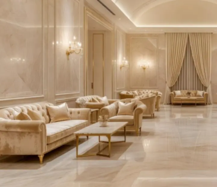 Elegáns rendezvényterem márvány felületekkel és champagne arany részletekkel.