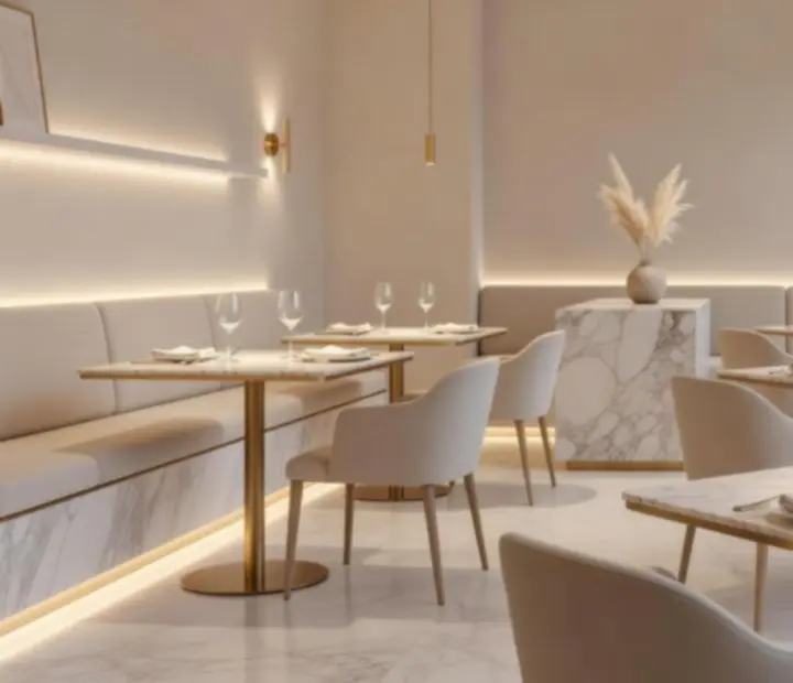 Modern fine dining étterem elegáns, világos enteriőrrel